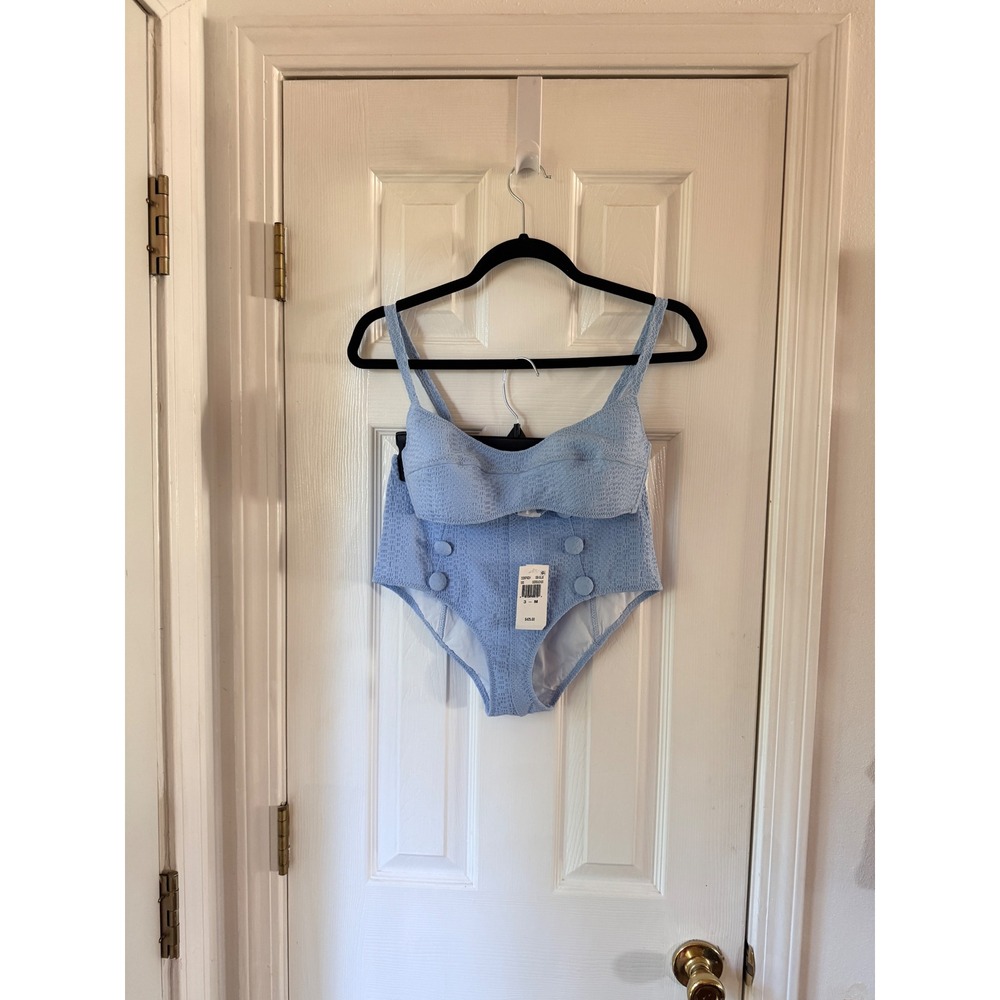 Lisa Marie Fernandez Sea Blue Seersucker Balconette High Waist Bikini 3 US 6-8
